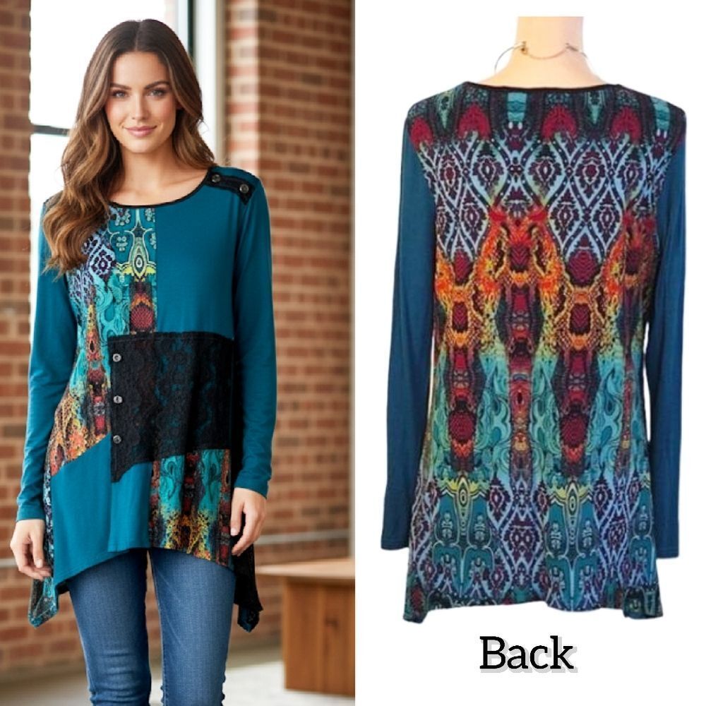 VTG Turquoise Multimedia Patchwork Long Sleeve Fa… - image 1